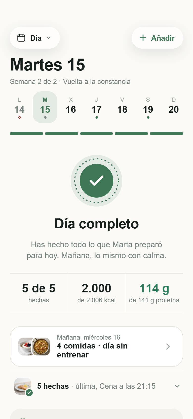 App del cliente: día completo, cinco de cinco tareas hechas