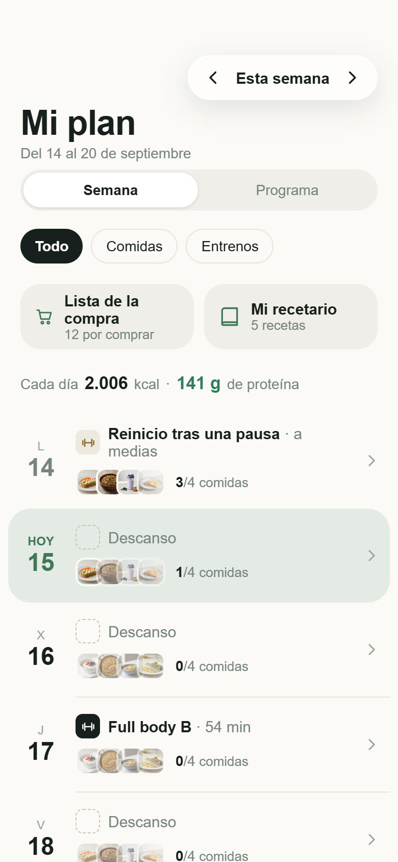 App del cliente: su plan de la semana